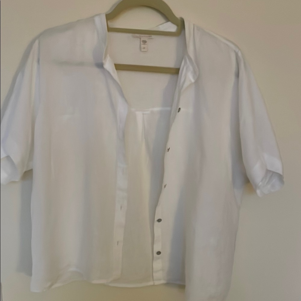 Eileen Fisher white linen button-up shirt